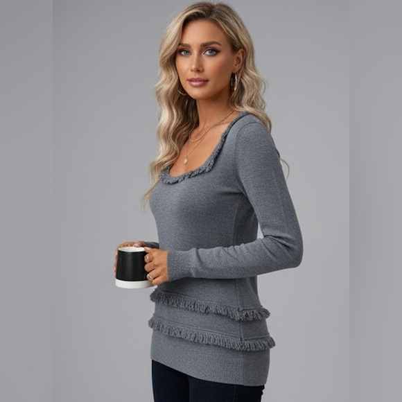 Gray Fringe Trim Scoop Neck Sweater - Picture 2 of 7
